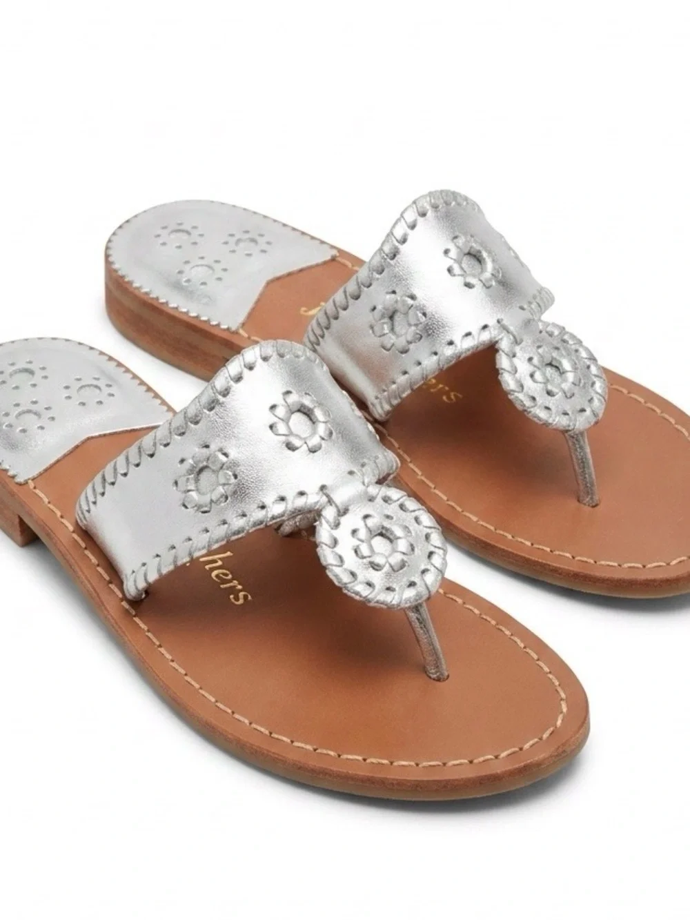 Jack Rogers Silver Leather Thong Sandals with Medallion